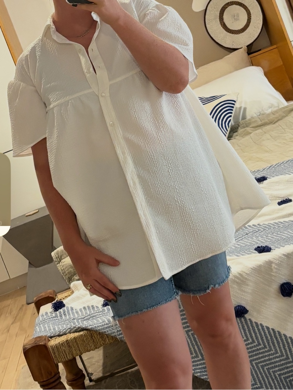 VERO MODA White BabyDoll Button Down Blouse | Seersucker | Collared Shirt - XS